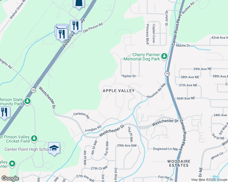 map of restaurants, bars, coffee shops, grocery stores, and more near 3040 Apple Valley Lane in Birmingham