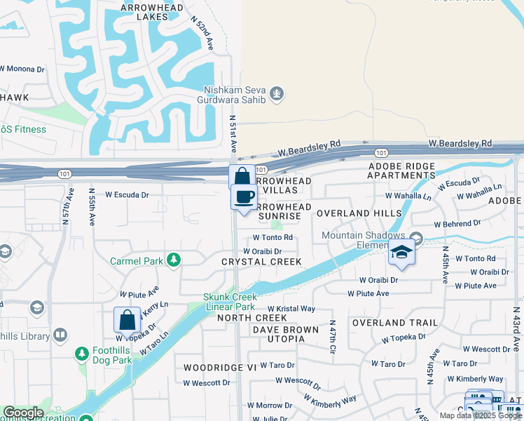 map of restaurants, bars, coffee shops, grocery stores, and more near 19955 North 51st Avenue in Glendale