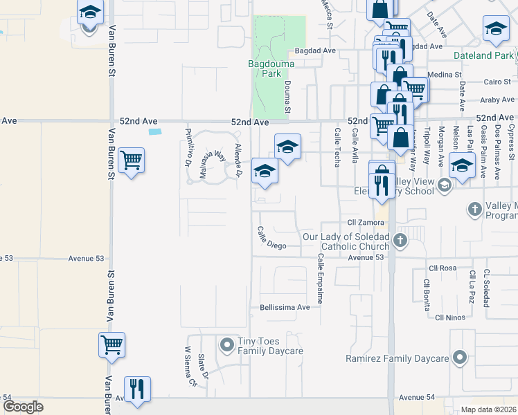 map of restaurants, bars, coffee shops, grocery stores, and more near 84526 Calle Gregorio in Coachella