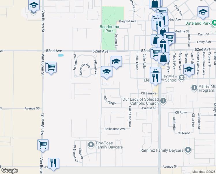 map of restaurants, bars, coffee shops, grocery stores, and more near 52821 Calle Diego in Coachella