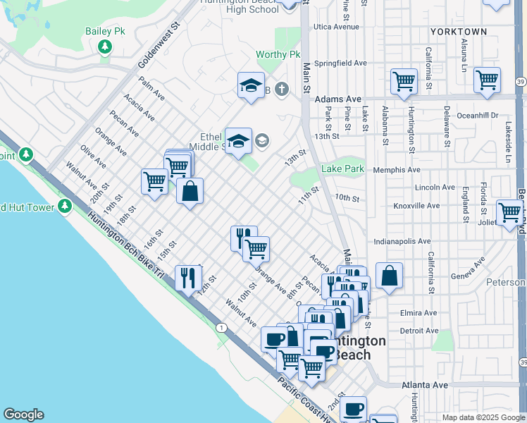 map of restaurants, bars, coffee shops, grocery stores, and more near 601 12th Street in Huntington Beach