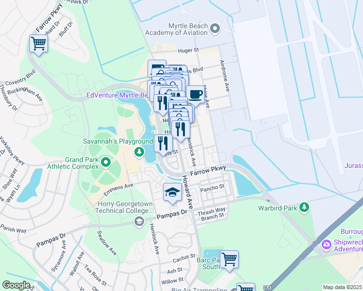 map of restaurants, bars, coffee shops, grocery stores, and more near 2834C Howard Avenue in Myrtle Beach
