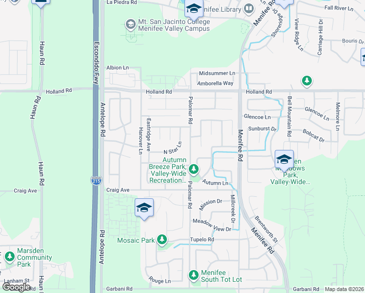map of restaurants, bars, coffee shops, grocery stores, and more near 28437 North Star Lane in Menifee