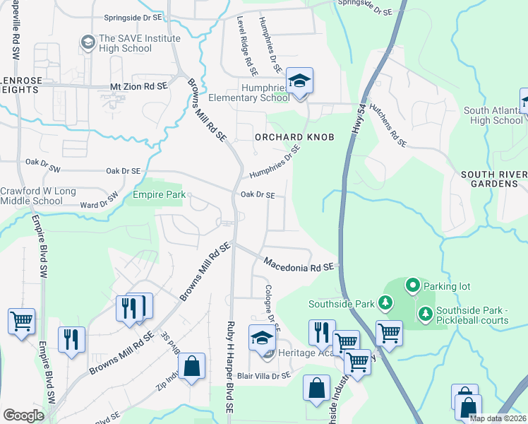 map of restaurants, bars, coffee shops, grocery stores, and more near 3268 Renault Road Southeast in Atlanta