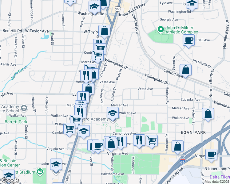 map of restaurants, bars, coffee shops, grocery stores, and more near 3271 Adams Street in Atlanta