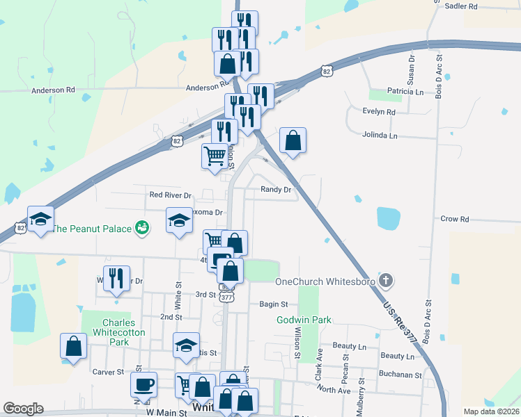 map of restaurants, bars, coffee shops, grocery stores, and more near 724 Park Place in Whitesboro