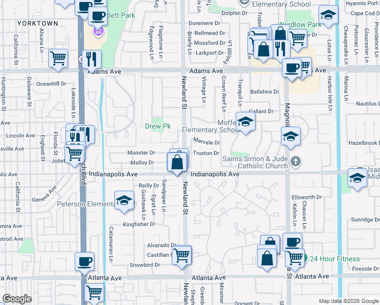 map of restaurants, bars, coffee shops, grocery stores, and more near 20371 Allport Lane in Huntington Beach