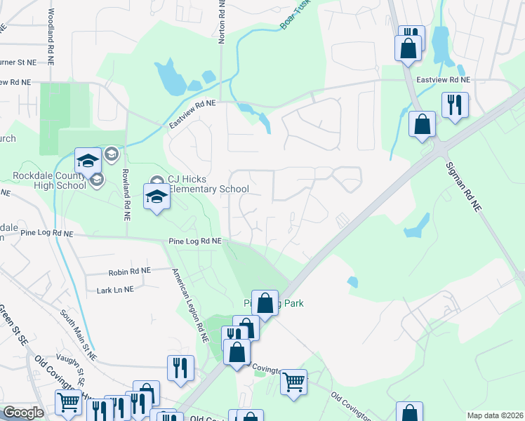 map of restaurants, bars, coffee shops, grocery stores, and more near 1464 Pine Logging Road Northeast in Conyers