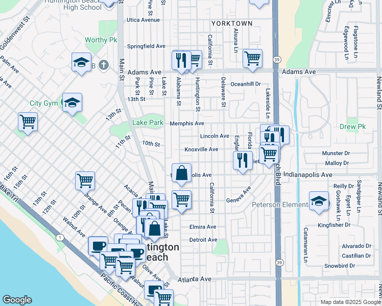 map of restaurants, bars, coffee shops, grocery stores, and more near 213 Joliet Avenue in Huntington Beach