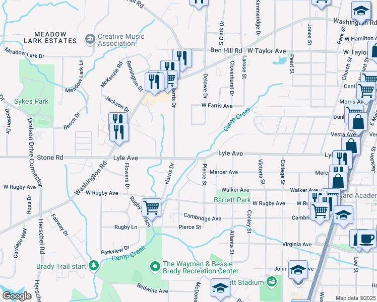 map of restaurants, bars, coffee shops, grocery stores, and more near 2143 Lyle Avenue in College Park