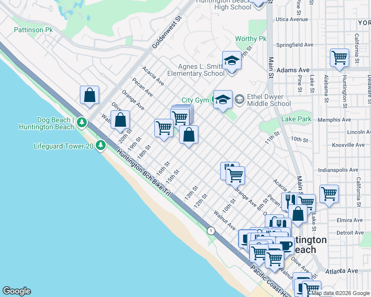 map of restaurants, bars, coffee shops, grocery stores, and more near 328 16th Street in Huntington Beach
