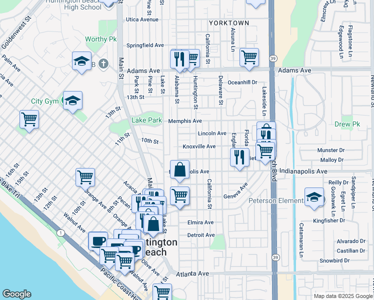 map of restaurants, bars, coffee shops, grocery stores, and more near 218 Knoxville Avenue in Huntington Beach
