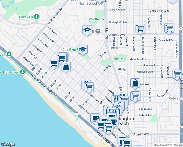 map of restaurants, bars, coffee shops, grocery stores, and more near 601 12th Street in Huntington Beach