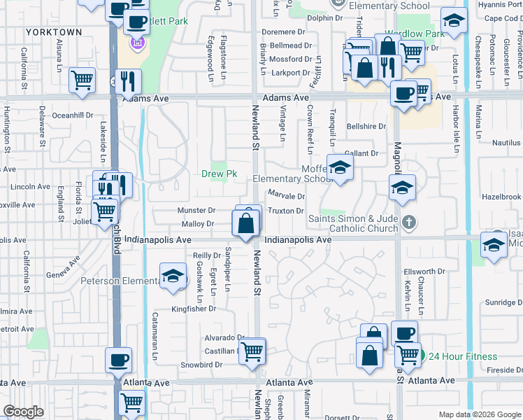 map of restaurants, bars, coffee shops, grocery stores, and more near 20371 Allport Lane in Huntington Beach