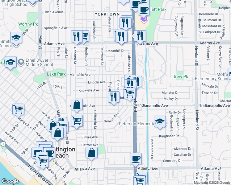 map of restaurants, bars, coffee shops, grocery stores, and more near 1006 England Street in Huntington Beach