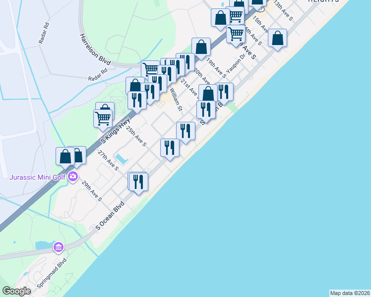 map of restaurants, bars, coffee shops, grocery stores, and more near 2311 South Ocean Boulevard in Myrtle Beach