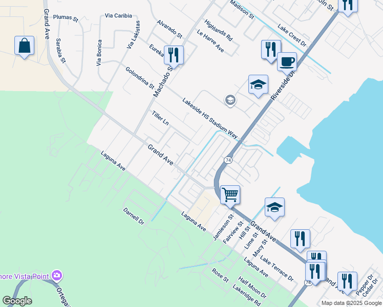 map of restaurants, bars, coffee shops, grocery stores, and more near 15190 Grand Avenue in Lake Elsinore