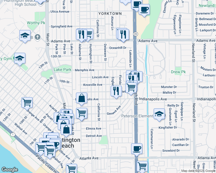 map of restaurants, bars, coffee shops, grocery stores, and more near 1016 Delaware Street in Huntington Beach