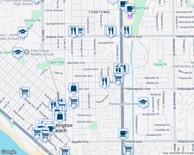 map of restaurants, bars, coffee shops, grocery stores, and more near 1016 Delaware Street in Huntington Beach