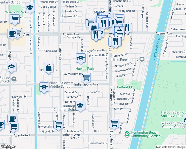 map of restaurants, bars, coffee shops, grocery stores, and more near 9832 Vicksburg Drive in Huntington Beach