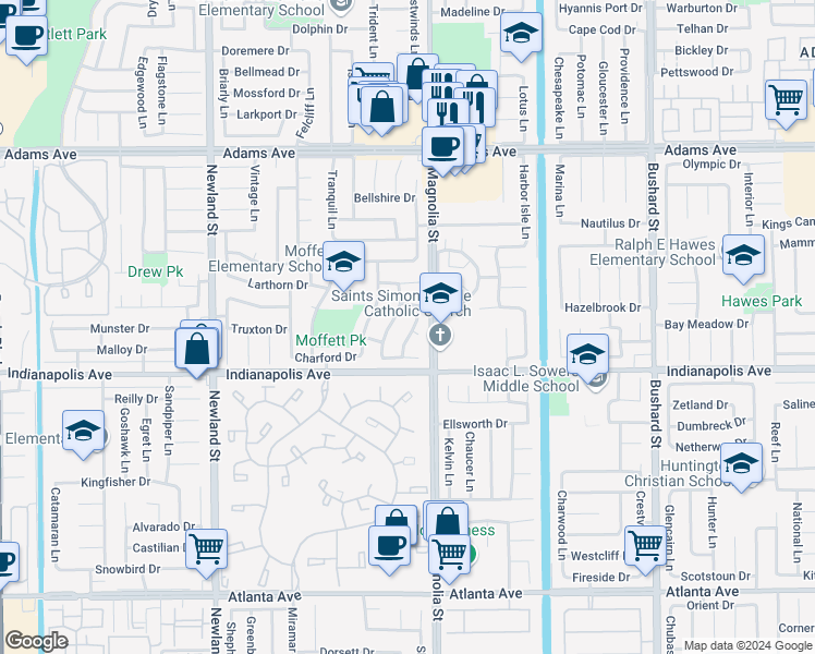 map of restaurants, bars, coffee shops, grocery stores, and more near 20351 Densmore Lane in Huntington Beach
