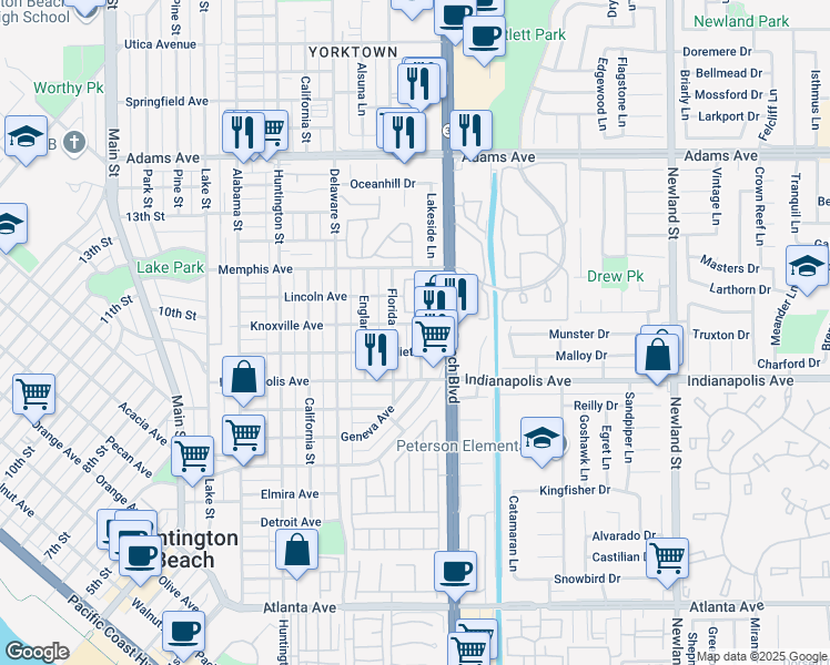 map of restaurants, bars, coffee shops, grocery stores, and more near 1009 Georgia Street in Huntington Beach