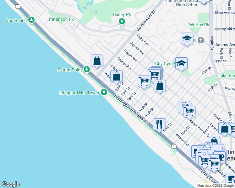 map of restaurants, bars, coffee shops, grocery stores, and more near 1900 Pacific Coast Highway in Huntington Beach