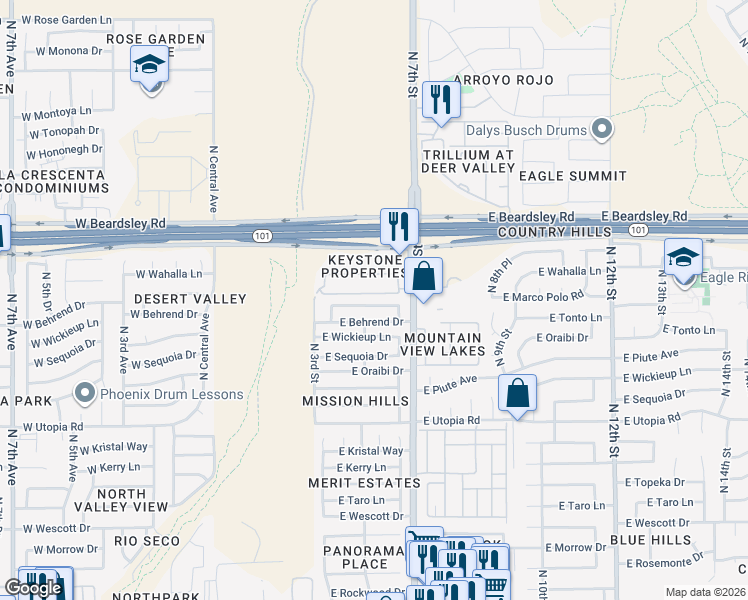 map of restaurants, bars, coffee shops, grocery stores, and more near 425 East Marco Polo Road in Phoenix