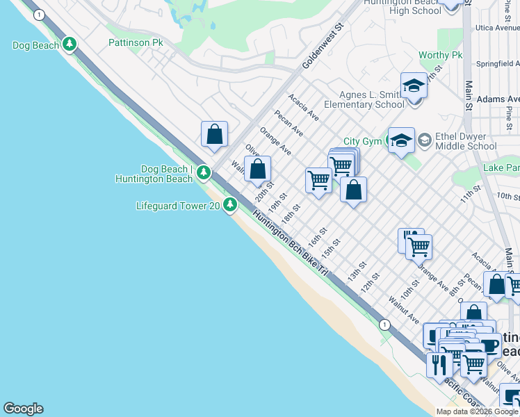 map of restaurants, bars, coffee shops, grocery stores, and more near 1900 California 1 in Huntington Beach