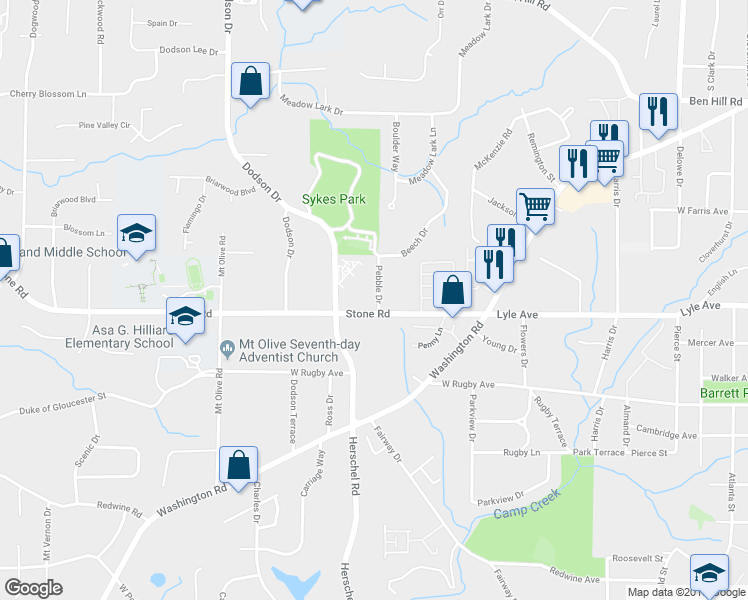 map of restaurants, bars, coffee shops, grocery stores, and more near 3283 Pebble Drive in Atlanta