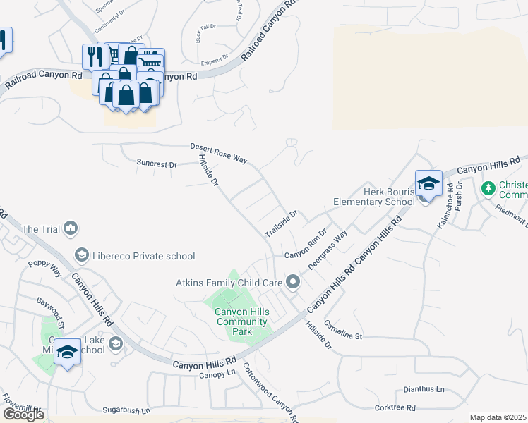 map of restaurants, bars, coffee shops, grocery stores, and more near 35422 Ocotillo Court in Lake Elsinore