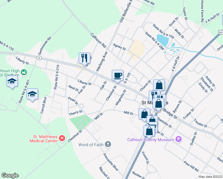 map of restaurants, bars, coffee shops, grocery stores, and more near 201 Chestnut Street in Saint Matthews