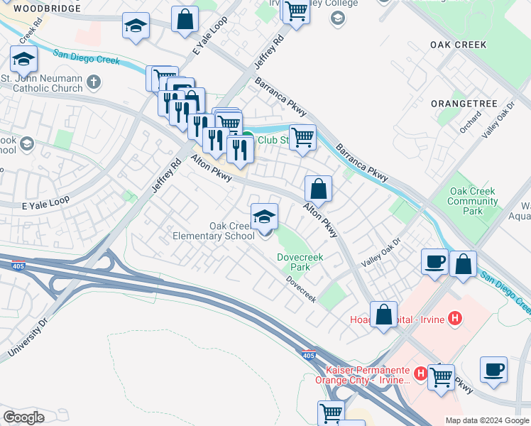 map of restaurants, bars, coffee shops, grocery stores, and more near 39 Eaglecreek in Irvine