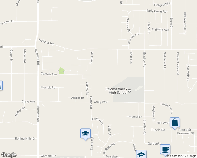 map of restaurants, bars, coffee shops, grocery stores, and more near 31270 Evans Road in Menifee