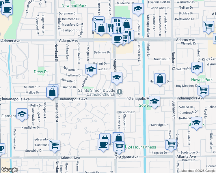 map of restaurants, bars, coffee shops, grocery stores, and more near 20351 Densmore Lane in Huntington Beach