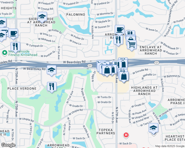 map of restaurants, bars, coffee shops, grocery stores, and more near 20022 North 68th Drive in Glendale
