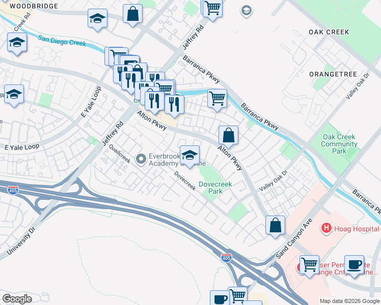map of restaurants, bars, coffee shops, grocery stores, and more near 42 Redberry in Irvine