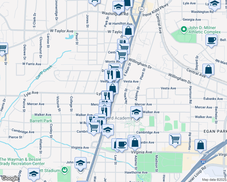 map of restaurants, bars, coffee shops, grocery stores, and more near 3293 Main Street in College Park