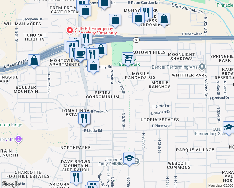map of restaurants, bars, coffee shops, grocery stores, and more near 2608 East Behrend Drive in Phoenix
