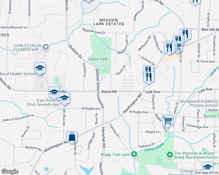 map of restaurants, bars, coffee shops, grocery stores, and more near 2505 Stone Road in Atlanta