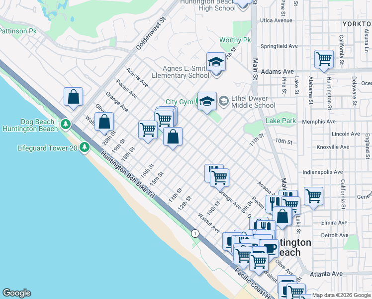 map of restaurants, bars, coffee shops, grocery stores, and more near 416 15th Street in Huntington Beach