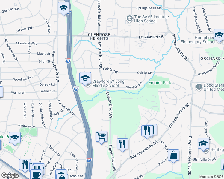 map of restaurants, bars, coffee shops, grocery stores, and more near 3354 Ward Dr SW in Atlanta