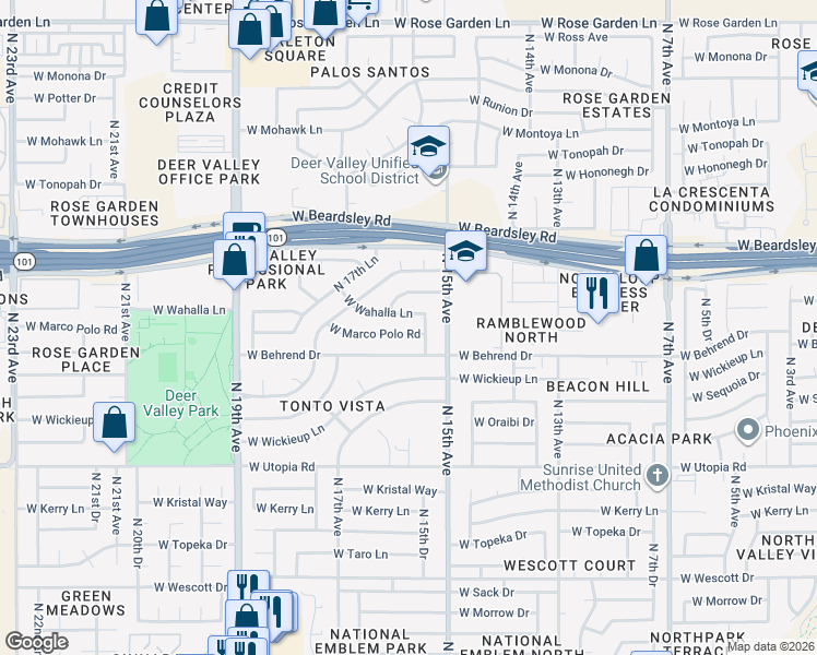 map of restaurants, bars, coffee shops, grocery stores, and more near 1545 West Marco Polo Road in Phoenix