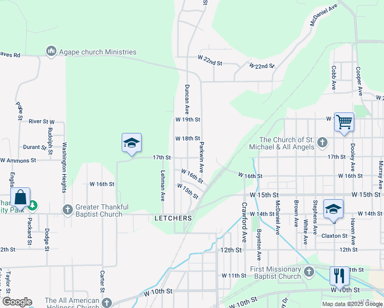 map of restaurants, bars, coffee shops, grocery stores, and more near 1624 Parkwin Avenue in Anniston