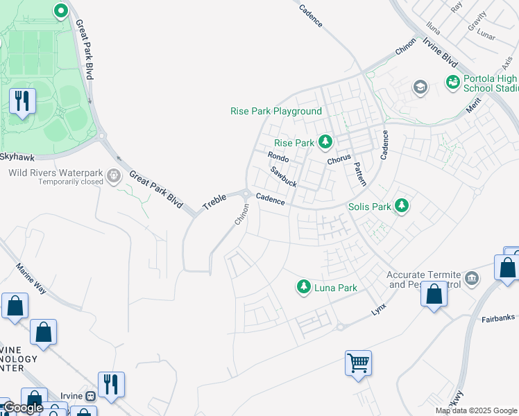 map of restaurants, bars, coffee shops, grocery stores, and more near 461 Mulligan in Irvine