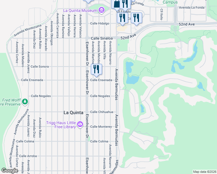 map of restaurants, bars, coffee shops, grocery stores, and more near 52637 Avenue Villa in La Quinta