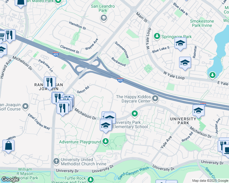 map of restaurants, bars, coffee shops, grocery stores, and more near 3 Rockrose Way in Irvine