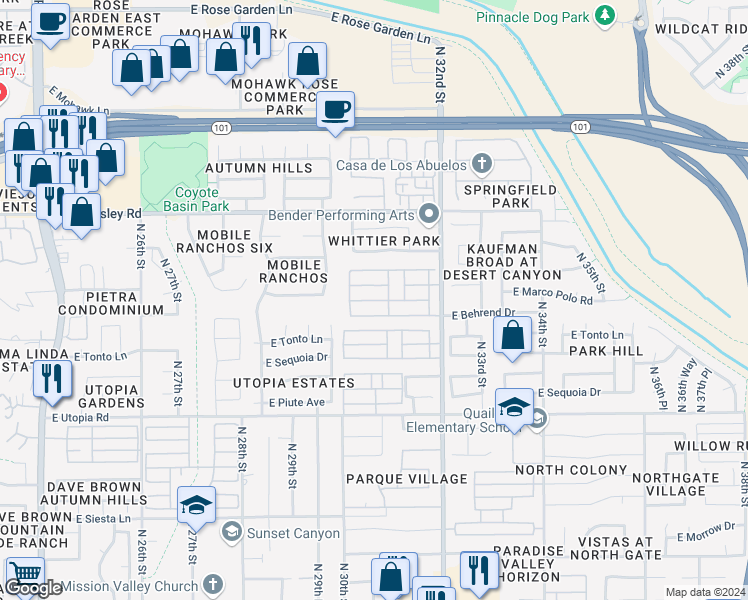 map of restaurants, bars, coffee shops, grocery stores, and more near Mobile Home Park in Phoenix