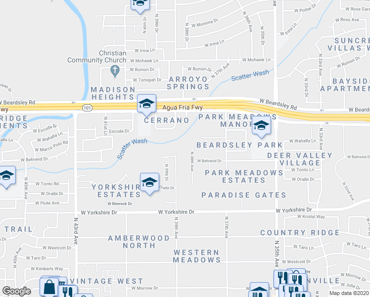map of restaurants, bars, coffee shops, grocery stores, and more near 3838 West Behrend Drive in Glendale