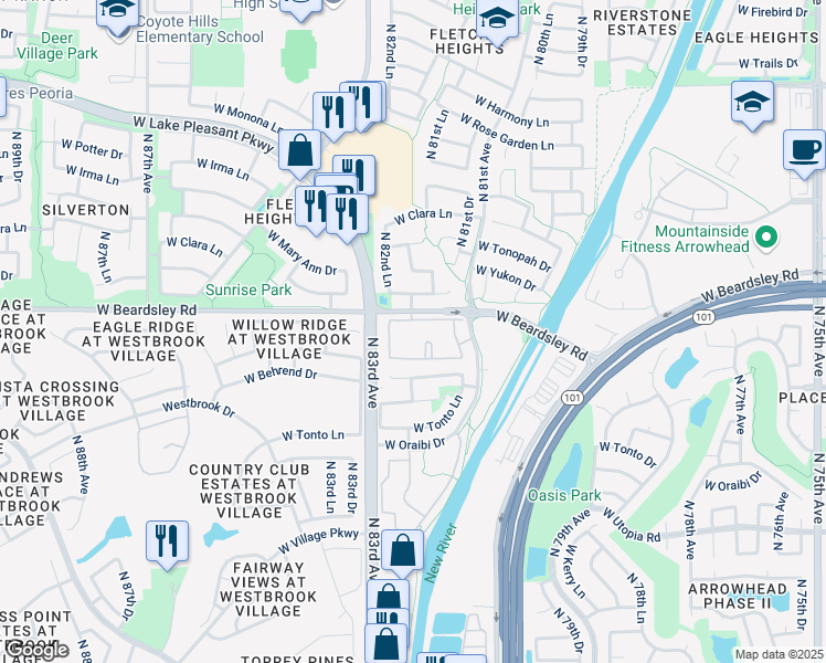 map of restaurants, bars, coffee shops, grocery stores, and more near 8201 West Beardsley Road in Peoria